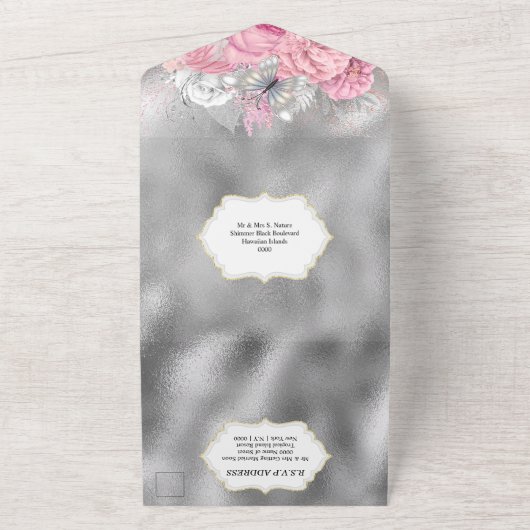 Rosa Silberschmetterling Schimmer Glitzer Erröten All In One Einladung (Außenbereich)