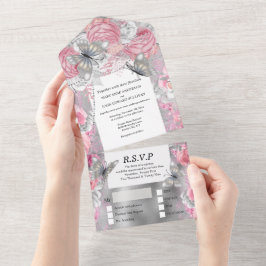 Rosa Silberschmetterling Schimmer Glitzer Erröten All In One Einladung