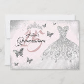 Rosa Silberschmetterling Sparkenkleid Quinceanera Einladung (Vorderseite)