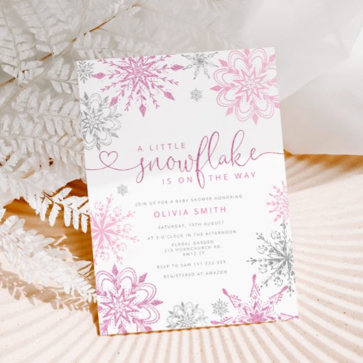 Rosa Silberschneeflocke Mädchendusche Einladung