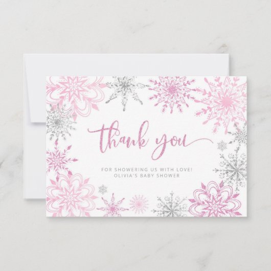 Rosa Silberschneeflocken Babydusche Danke (Vorderseite)