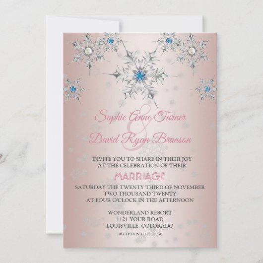 Rosa Silberschneeflocken Kristallkugeln Blaue Perl Einladung (Vorderseite)