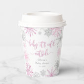 Rosa Silberschneeflocken säumen draußen die Kälte Pappbecher (Rückseite)