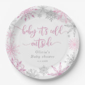 Rosa Silberschneeflocken säumen draußen die Kälte Pappteller (Vorderseite)