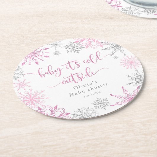 Rosa Silberschneeflocken säumen draußen die Kälte Runder Pappuntersetzer (Angewinkelt)