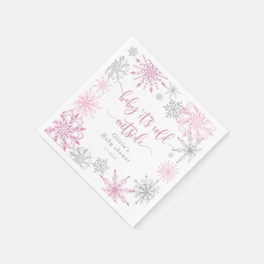 Rosa Silberschneeflocken säumen draußen die Kälte Serviette (Ecke)