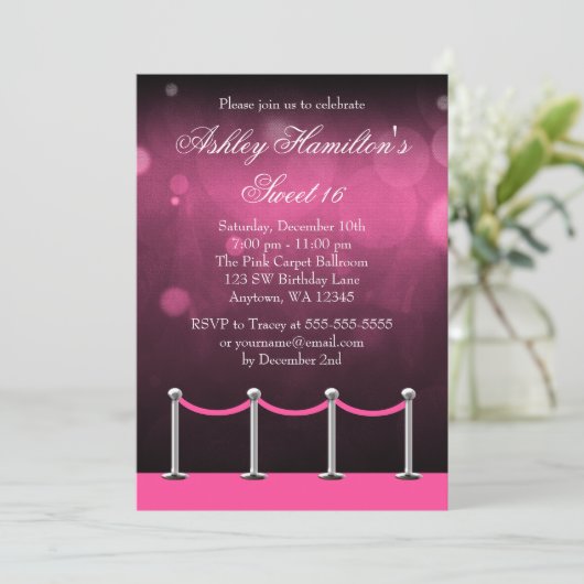 Rosa Silberteppich Hollywood Sweet 16 Birthday Einladung (Stehend Vorderseite)