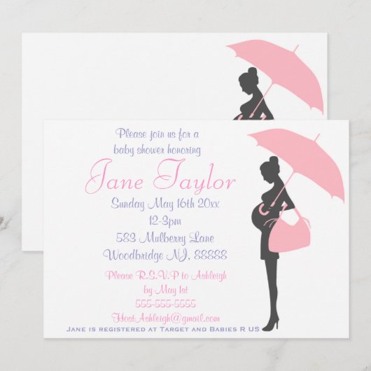 Rosa Silhouette Kinderdusche Einladungen (Vorne/Hinten)