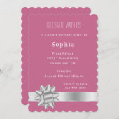Rosa Silver Glam Ribbon und Bow Birthday Einladung (Vorne/Hinten)