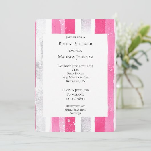 Rosa Silver Glam Streifen Brautparty Einladung (Stehend Vorderseite)