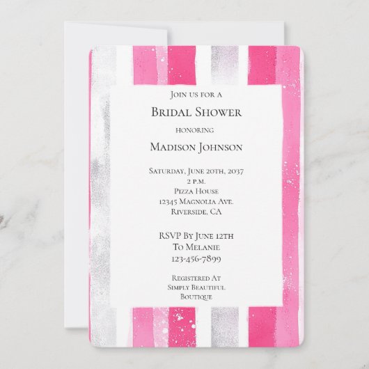 Rosa Silver Glam Streifen Brautparty Einladung (Vorderseite)