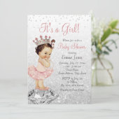 Rosa Silver Glitzer Princess Baby Dusche Einladung (Stehend Vorderseite)