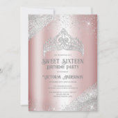 Rosa Silver Glitzer Princess Tiara Sweet 16 Invita Einladung (Vorderseite)