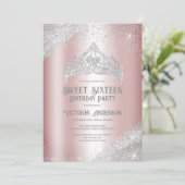 Rosa Silver Glitzer Princess Tiara Sweet 16 Invita Einladung (Stehend Vorderseite)