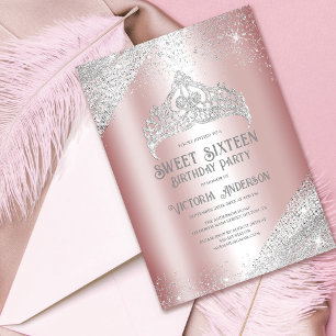 Rosa Silver Glitzer Princess Tiara Sweet 16 Invita Einladung