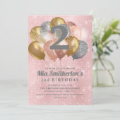 Rosa Silver Gold Balloons Girl's 2. Geburtstag Einladung (Stehend Vorderseite)