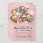 Rosa Silver Gold Balloons Girl's 2. Geburtstag Einladung (Vorne/Hinten)