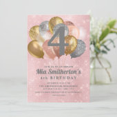 Rosa Silver Gold Balloons Girl's 4. Geburtstag Einladung (Stehend Vorderseite)