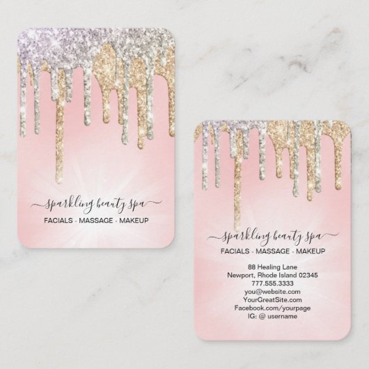 *~* Rosa Silver + Gold Tropfen Drilling GLITZER AP Visitenkarte (Vorne/Hinten)
