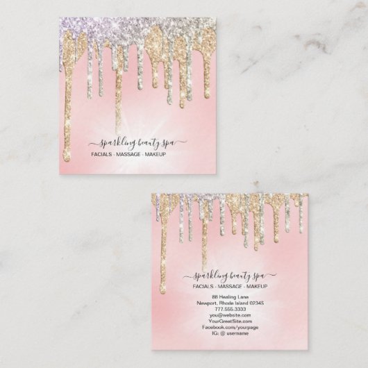 *~* Rosa Silver + Gold Tropfen GLITZER DrippingAP7 Quadratische Visitenkarte (Vorne/Hinten)