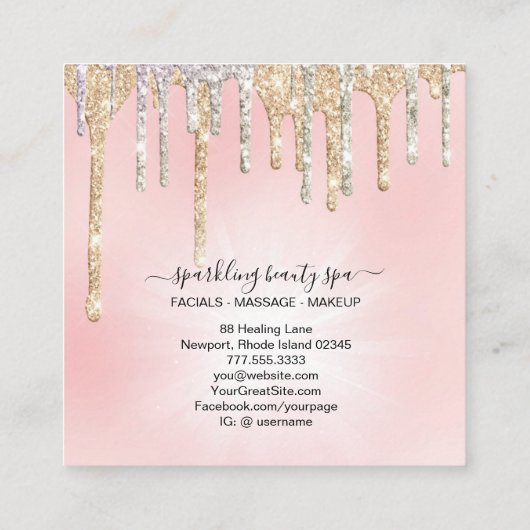*~* Rosa Silver + Gold Tropfen GLITZER DrippingAP7 Quadratische Visitenkarte (Rückseite)