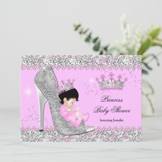 Rosa Silver High Heel Princess Baby Dusche Tiara Einladung (Stehend Vorderseite)