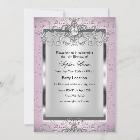 Rosa & Silver Jewel Snowflake Swirl Sweet 16 Foto Einladung (Rückseite)