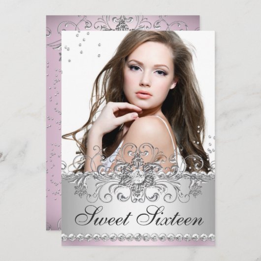 Rosa & Silver Jewel Snowflake Swirl Sweet 16 Foto Einladung (Vorne/Hinten)