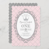 Rosa Silver Princess 1. Geburtstag Party Krone Einladung (Vorne/Hinten)