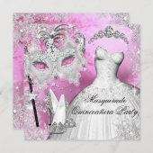 Rosa Silver Princess Quinceanera Masquerade Einladung (Vorne/Hinten)