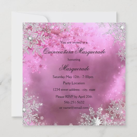 Rosa Silver Princess Quinceanera Masquerade Einladung (Rückseite)