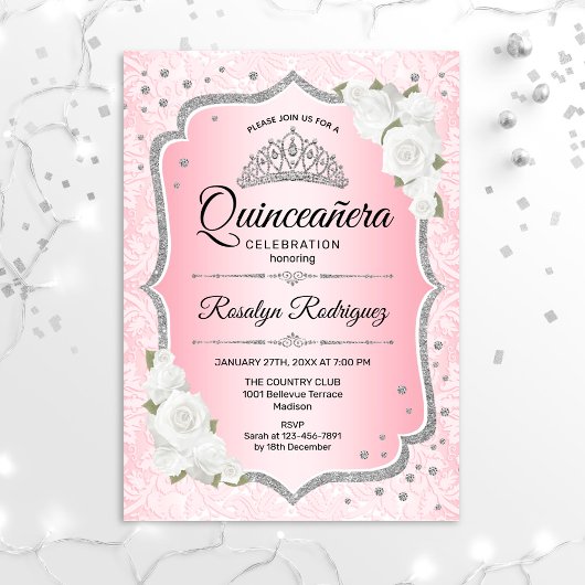 Rosa Silver Quinceanera Einladung