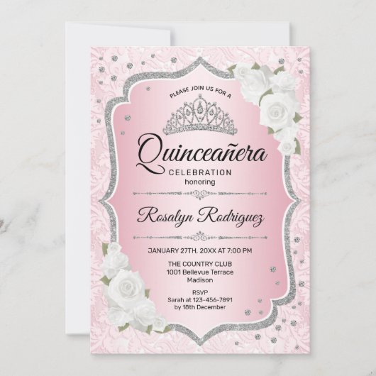 Rosa Silver Quinceanera Einladung (Vorderseite)