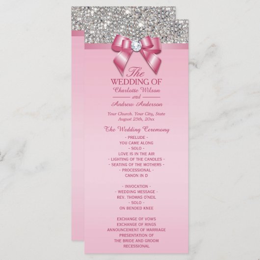 Rosa Silver Sequin Diamond Bow Wedding Program Programm (Vorne/Hinten)