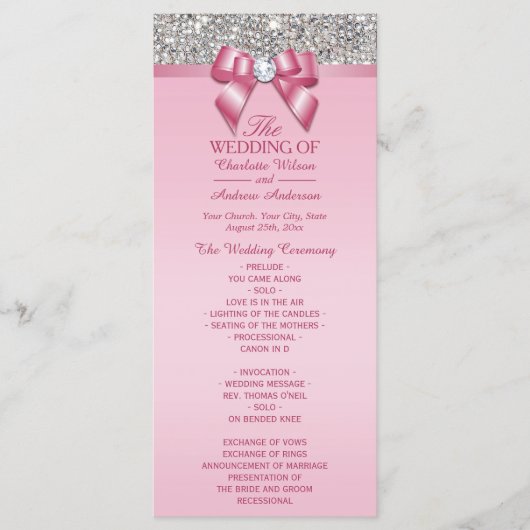 Rosa Silver Sequin Diamond Bow Wedding Program Programm (Vorderseite)
