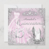 Rosa Silver Sparkle Dress & Tiara Quinceanera Einladung (Vorderseite)