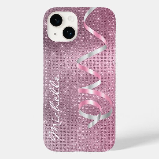 Rosa Silver Sparkle Ribbon Glam Case-Mate iPhone Hülle (Rückseite)