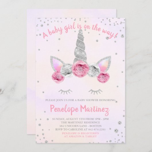 Rosa Silver Unicorn Gesicht Babydusche Einladung (Vorne/Hinten)