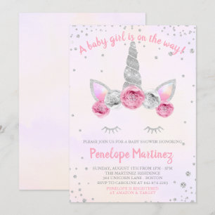 Rosa Silver Unicorn Gesicht Babydusche Einladung