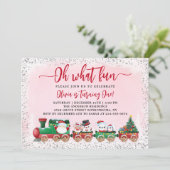 Rosa Silver Weihnachtsmann Weihnachtszug Geburtsta Einladung (Stehend Vorderseite)