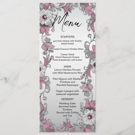 Rosa Silver White Floral Wedding Menu Menükarte (Vorderseite)