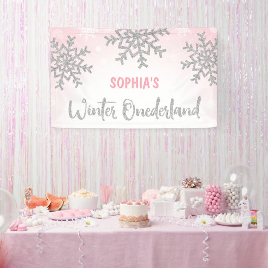 Rosa Silver Winter ONEderland 1. Geburtstag Banner (Party)