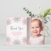 Rosa Silver Winter ONEderland Geburtstag Foto Dankeskarte (Stehend Vorderseite)