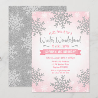 Rosa Silver Winter Wonderland Girl Geburtstag Einladung