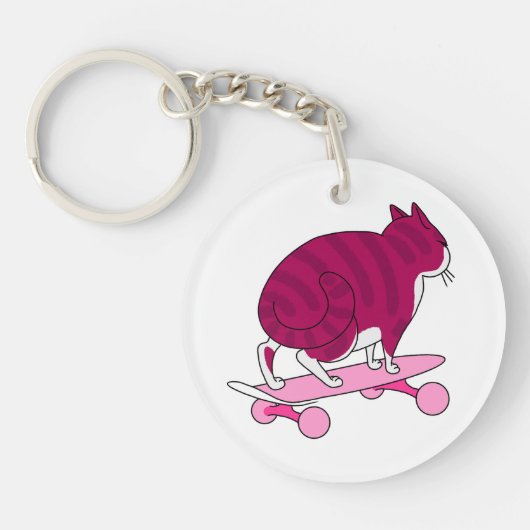 Rosa Skateboarding Cat Funny and Bye Text Schlüsselanhänger (Vorderseite)