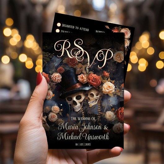 Rosa Skelette Vintage gotische Hochzeit RSVP Karte