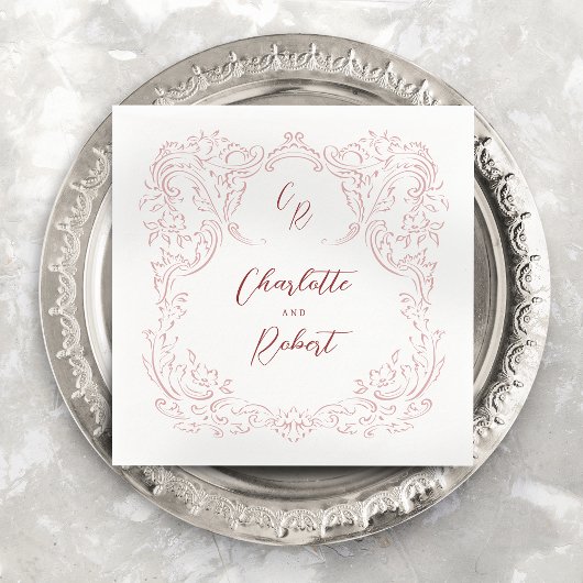 Rosa Sketch Vintage Mongram-Hochzeit Geblüht Serviette