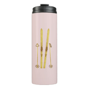 Rosa Skier und Stöcke Vintage-Ski-Illustration Thermosbecher