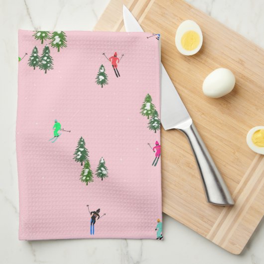 Rosa Skifahrer Ski Eröffnung Weihnachts-Skiurlaub Geschirrtuch (Viertel Falte)