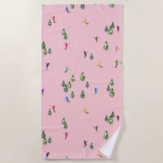 Rosa Skifahrer Ski Eröffnung Weihnachts-Skiurlaub Strandtuch (Vorderseite)